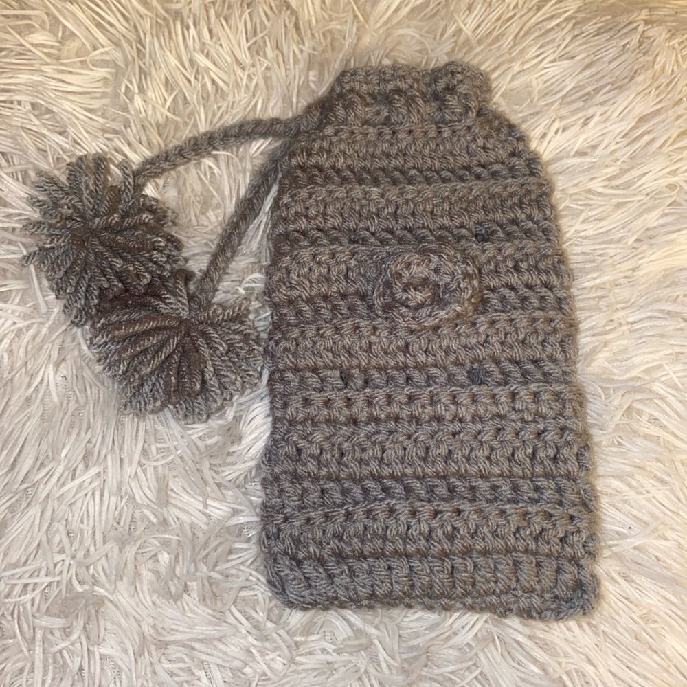 Handmade Crochet Drawstring Pouch Bag Gray Pom Pom Small Gift Jewelry Holder